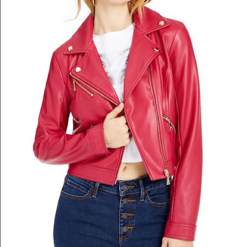 GUESS Venom Cropped Faux-Leather Moto Jacket